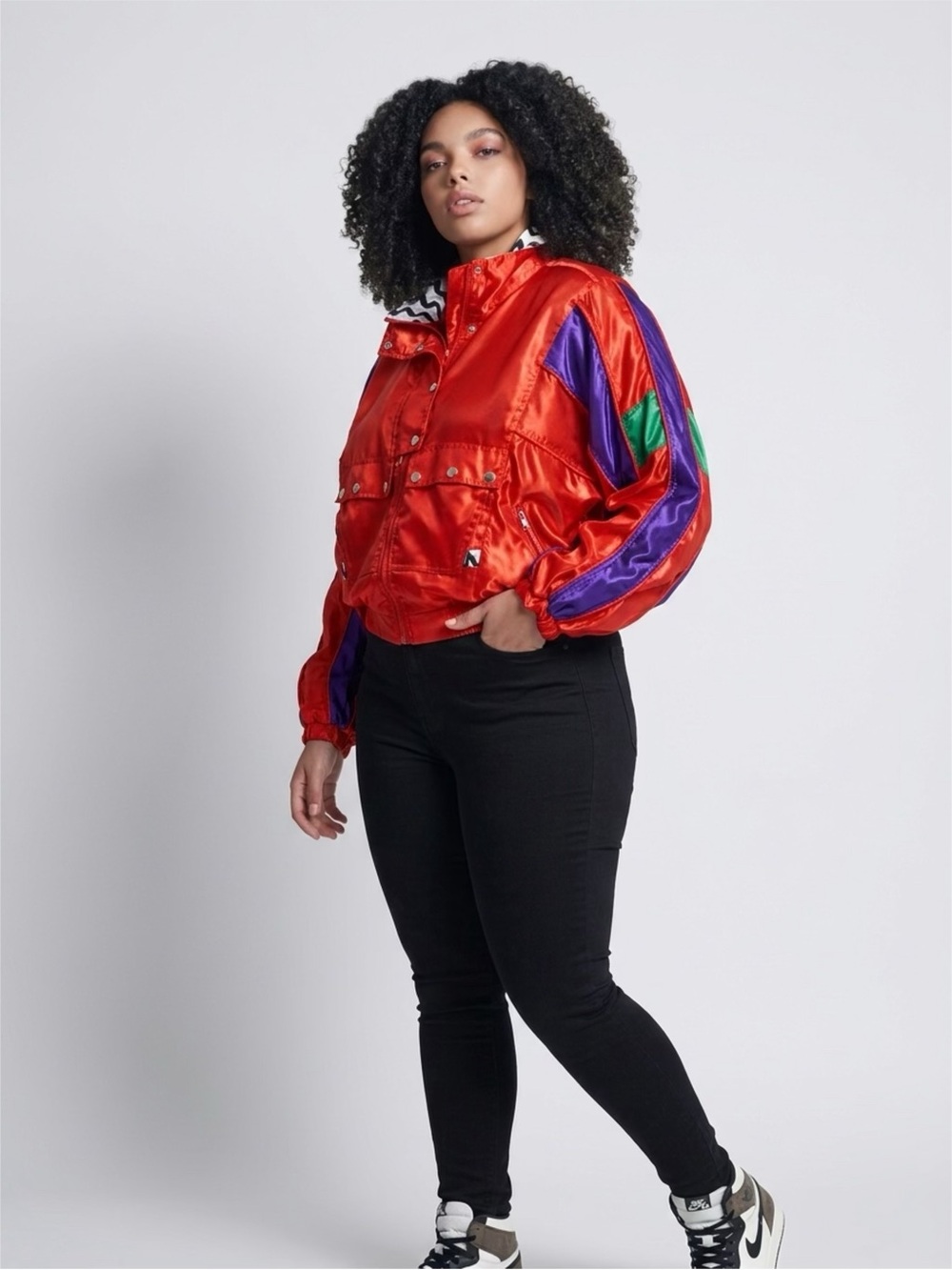 Retro Red Satin Colorblock Bomber Jacket with Purple & Green Accents
